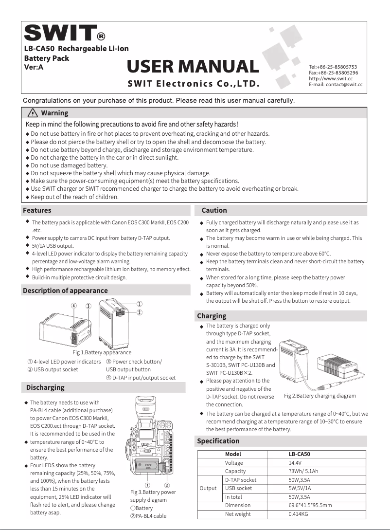 Page 1 de la notice Manuel utilisateur SWIT LB-CA50