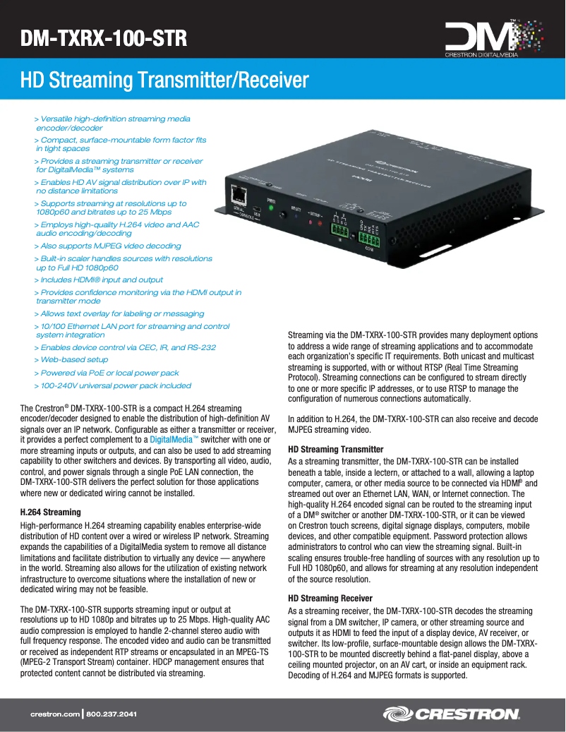 Page 1 of the manual Technical Sheet Crestron DM-TXRX-100-STR