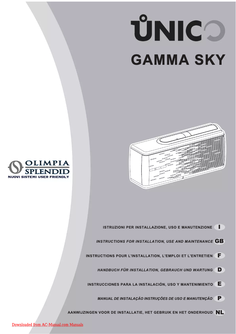 Page 1 de la notice Manuel utilisateur Olimpia Splendid Unico Gamma Sky