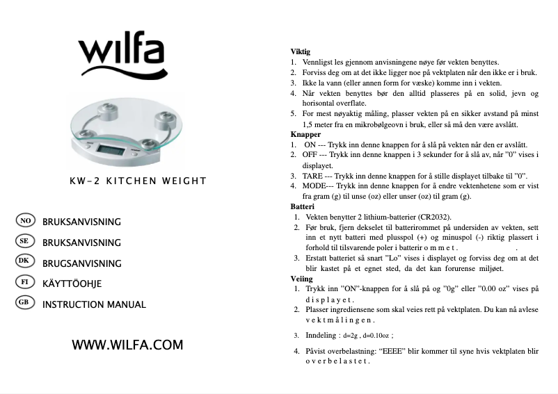 Page 1 de la notice Manuel utilisateur Wilfa Gram KW-2