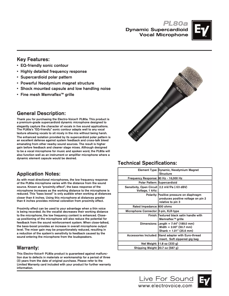Page 1 de la notice Manuel utilisateur Electro-Voice PL80a