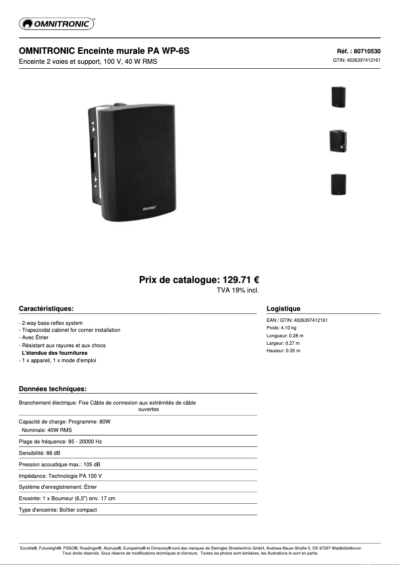 Page 1 of the manual Technical Sheet Omnitronic WP-6S