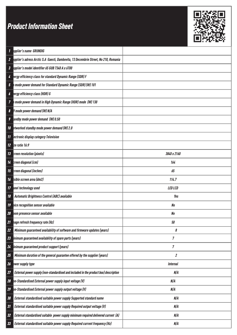 Página 1 del manual Ficha técnica Grundig 65 GUB 7340