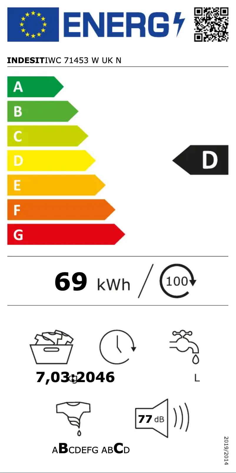 Página 1 del manual Etiqueta energética Indesit IWC 71453 W UK N