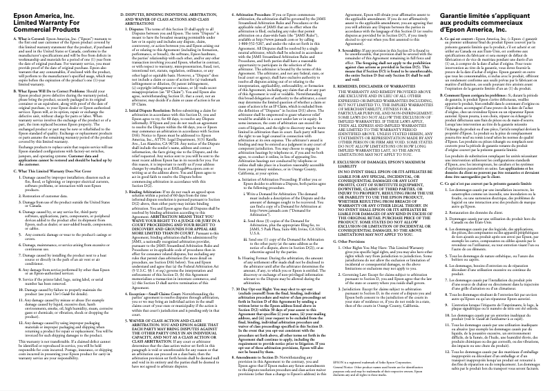 Page 1 de la notice Informations de garantie Epson TM-T20II