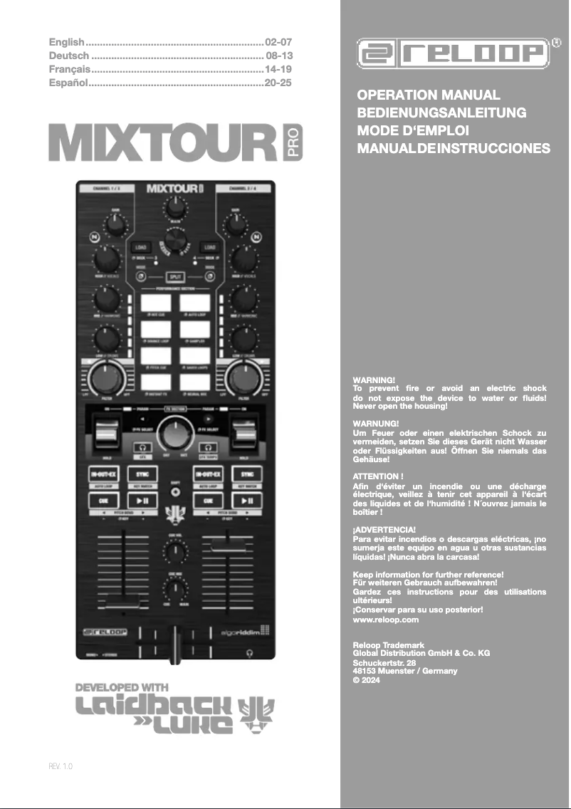 Page 1 de la notice Manuel utilisateur Reloop Mixtour Pro
