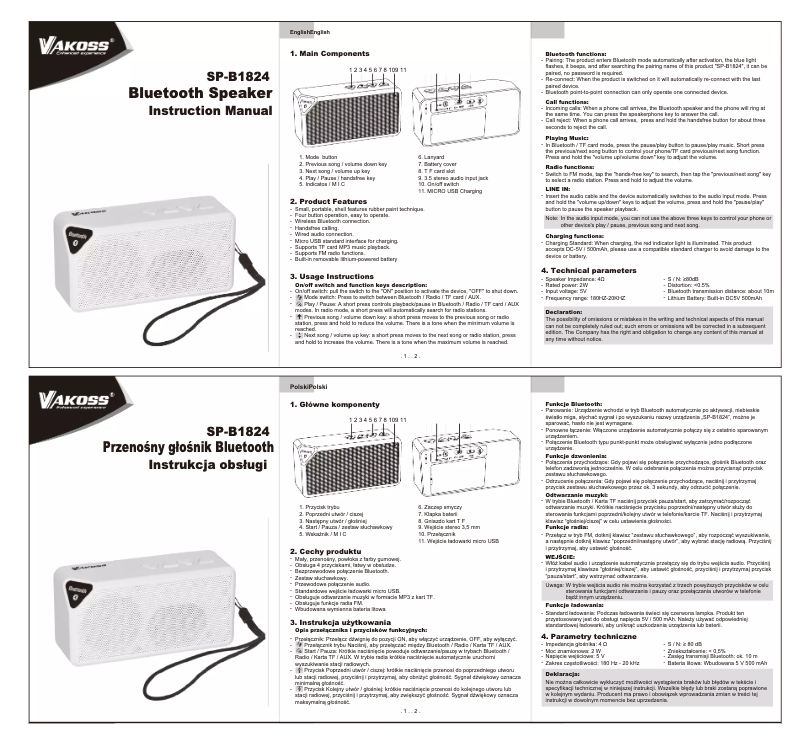 Página 1 del manual Manual de usuario Vakoss SP-B1824BL
