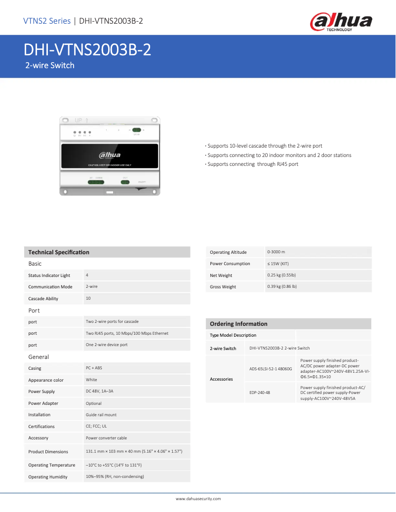 Page 1 de la notice Fiche technique Dahua Technology VTNS2003B-2