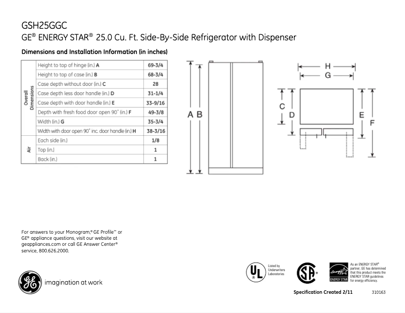 Page 1 de la notice Fiche technique GE GSH25GGCBB