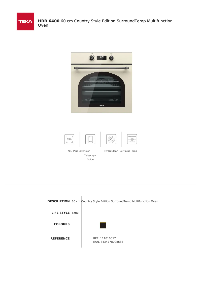 Page 1 de la notice Fiche technique Teka HRB 6400 VNS