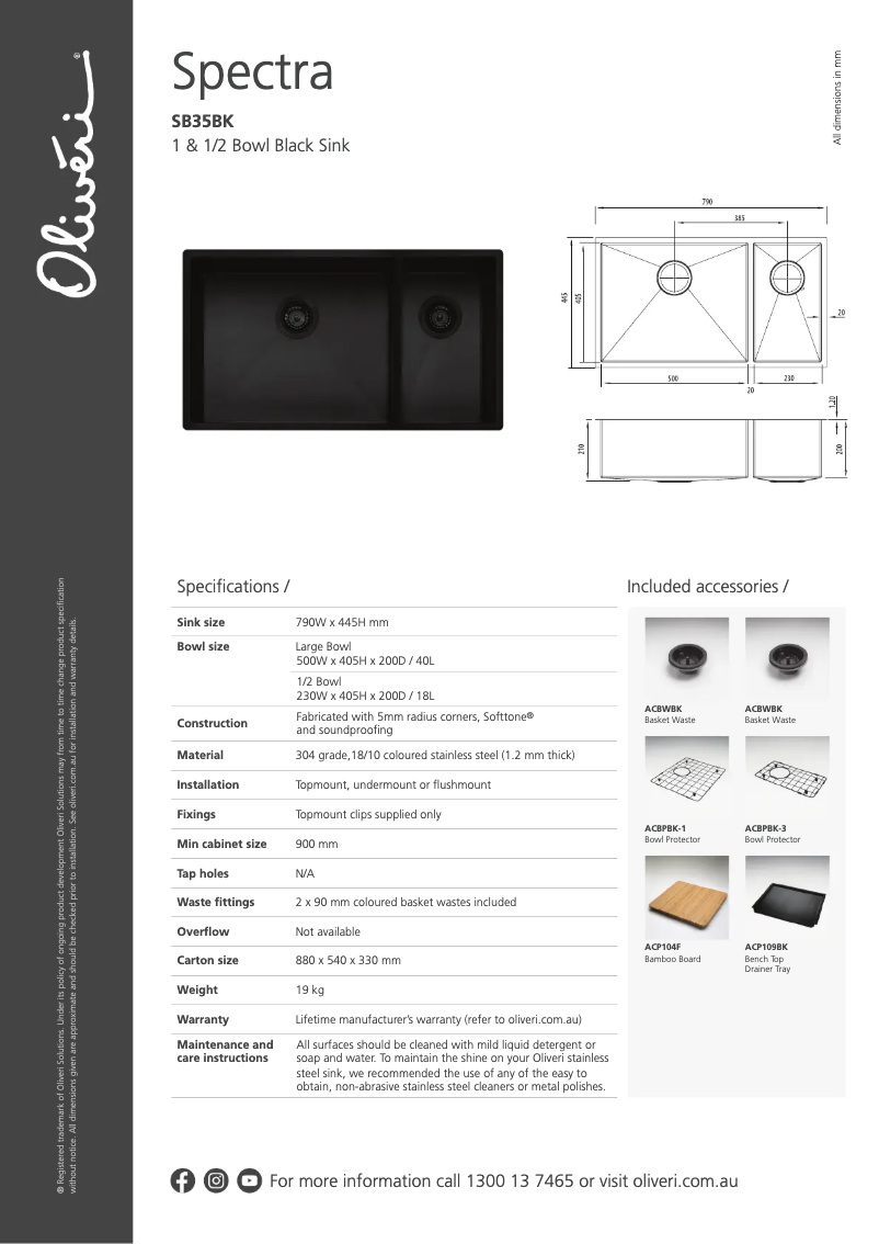 Page 1 de la notice Fiche technique Oliveri SB35BK