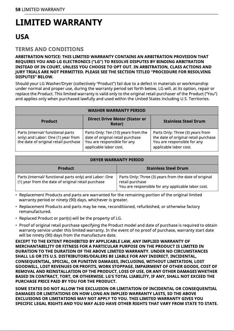 Page 1 de la notice Informations de garantie LG WKGX201HWA