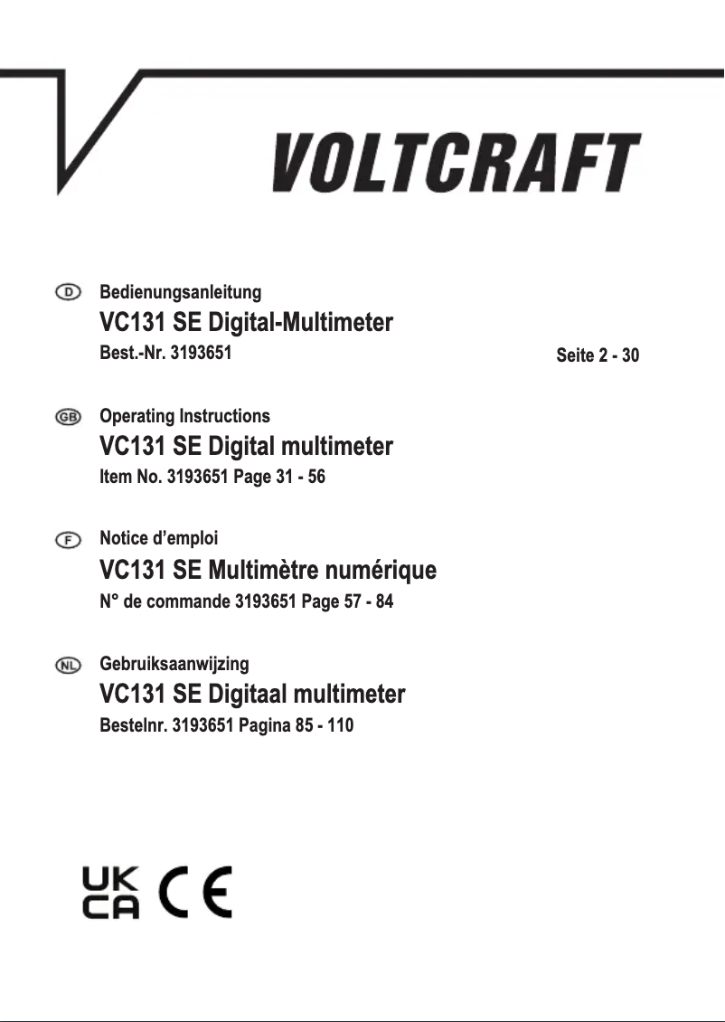 Page 1 de la notice Manuel utilisateur Voltcraft VC131 SE
