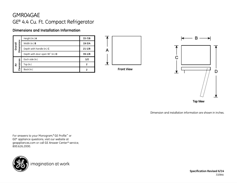 Page n°1 - Fiche technique GE GMR04GAEWW