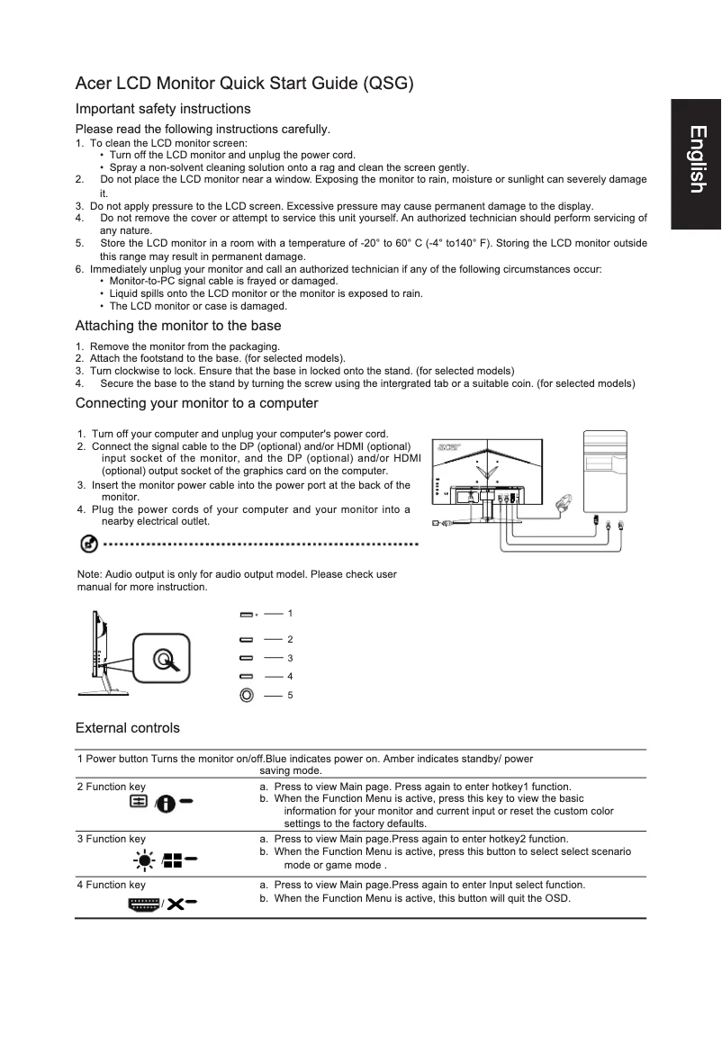 Page 1 de la notice Guide de démarrage rapide Acer QG241YS3