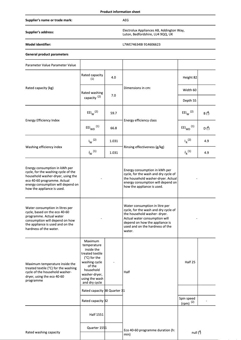 Page 1 de la notice Fiche technique AEG L7WE74634BI