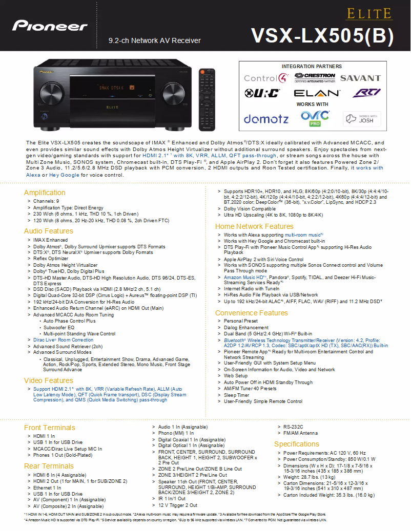 Page 1 de la notice Fiche technique Pioneer Elite VSX-LX505