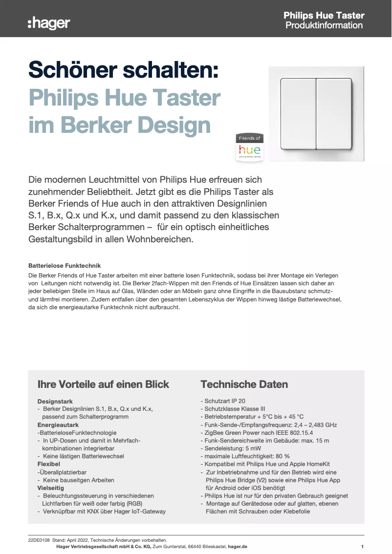 Página 1 del manual Ficha técnica Berker 24127034