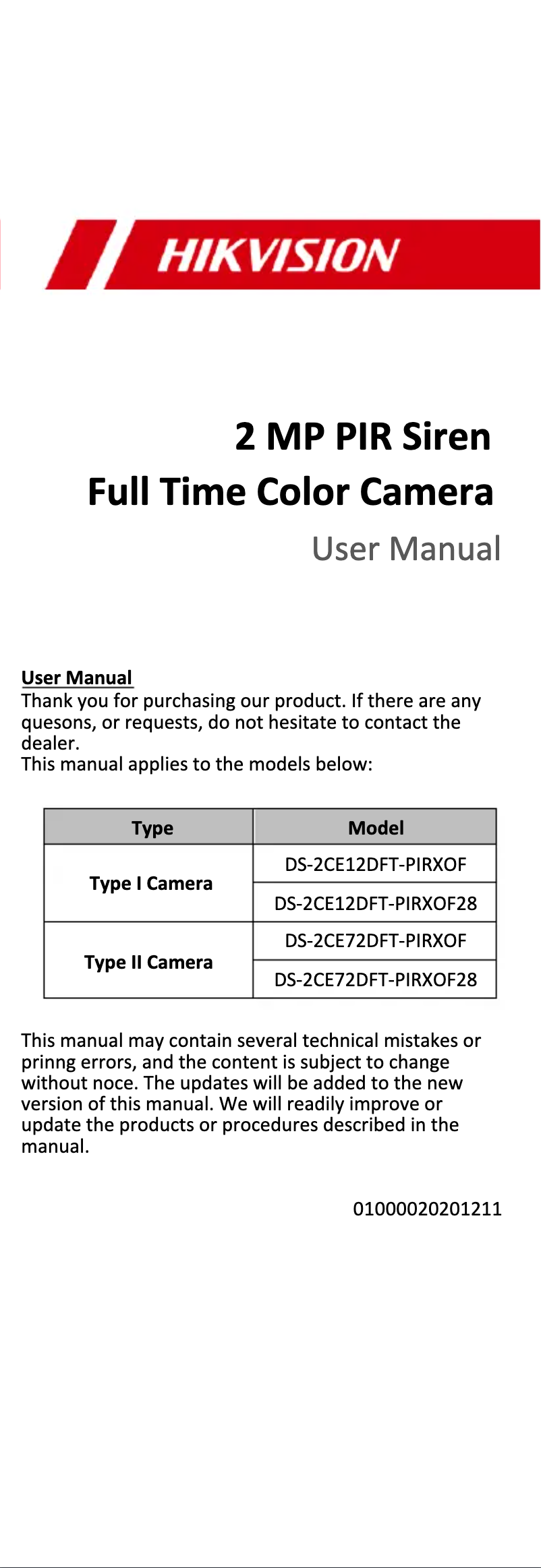 Page 1 de la notice Manuel utilisateur Hikvision DS-2CE72DFT-PIRXOF28