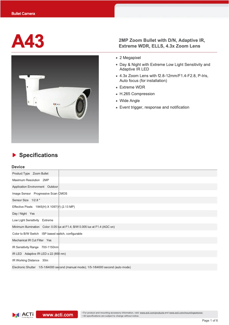 Page 1 de la notice Fiche technique ACTi A43