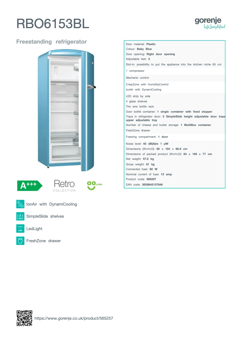 Página 1 del manual Ficha técnica Gorenje RBO6153BL
