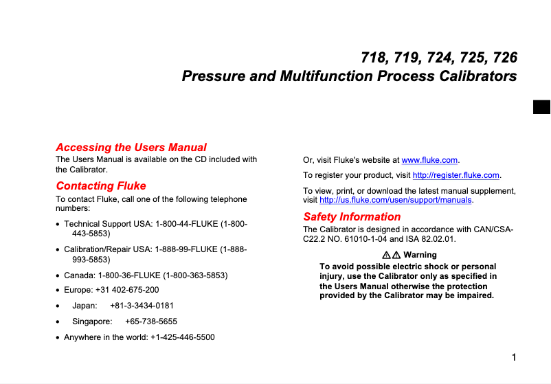 Page 1 de la notice Instructions de sécurité Fluke 719