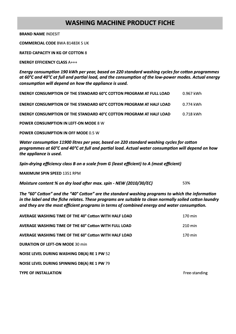Page 1 de la notice Fiche technique Indesit BWA 81483X S UK