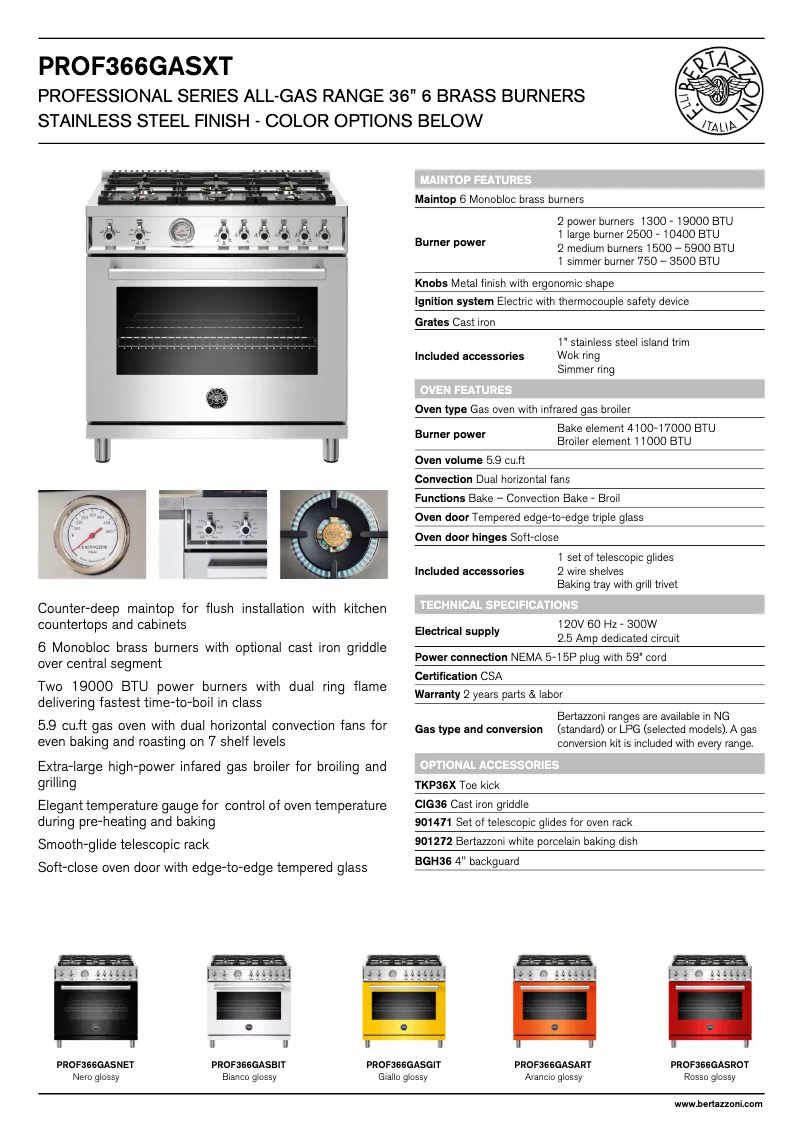 Page 1 de la notice Fiche technique Bertazzoni PROF366GASGIT