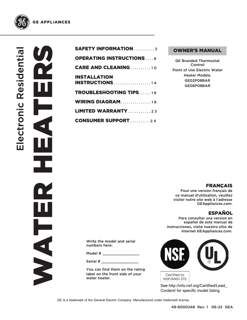 Image de la première page du manuel de l'appareil GE02P08BAR