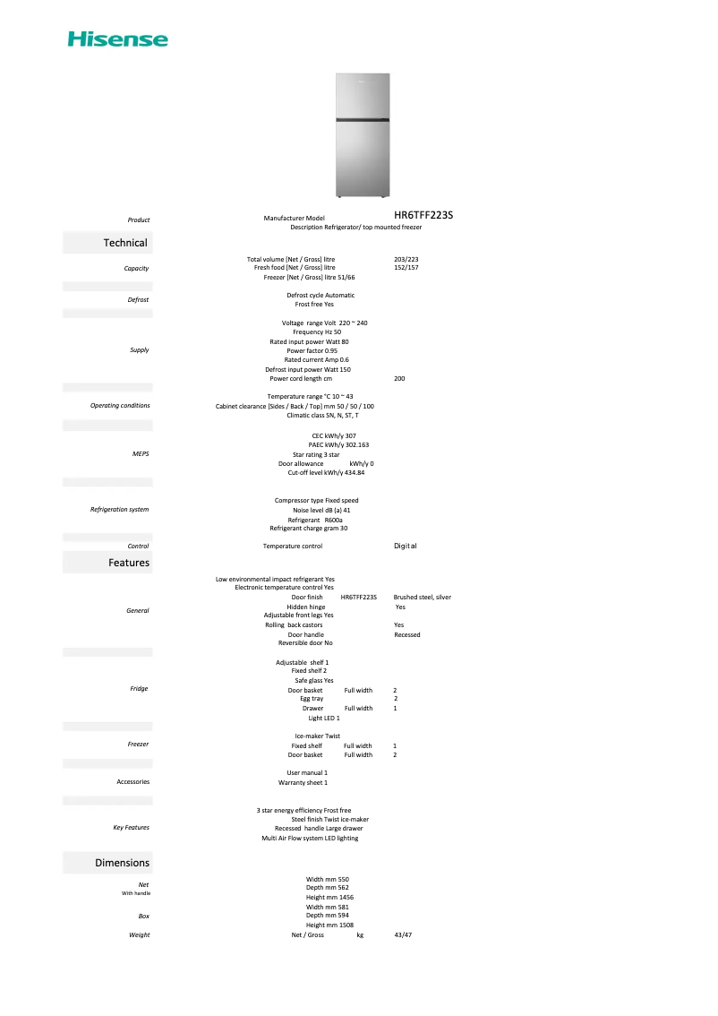Page 1 de la notice Fiche technique Hisense HR6TFF223S