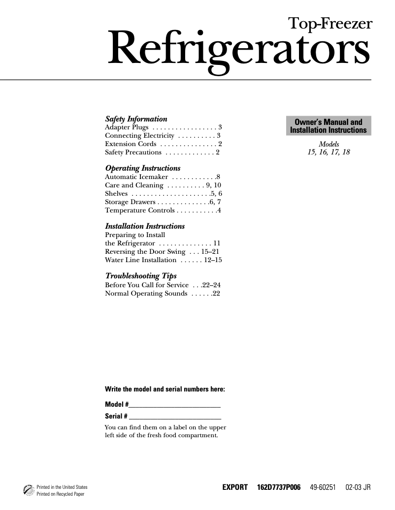 Page 1 de la notice Manuel d'utilisation et d'entretien GE GTT16HBMWW