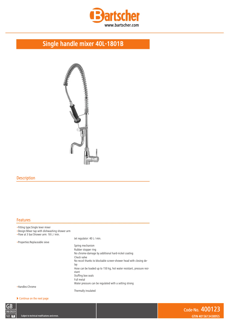 Página 1 del manual Ficha técnica Bartscher 40L-1801B