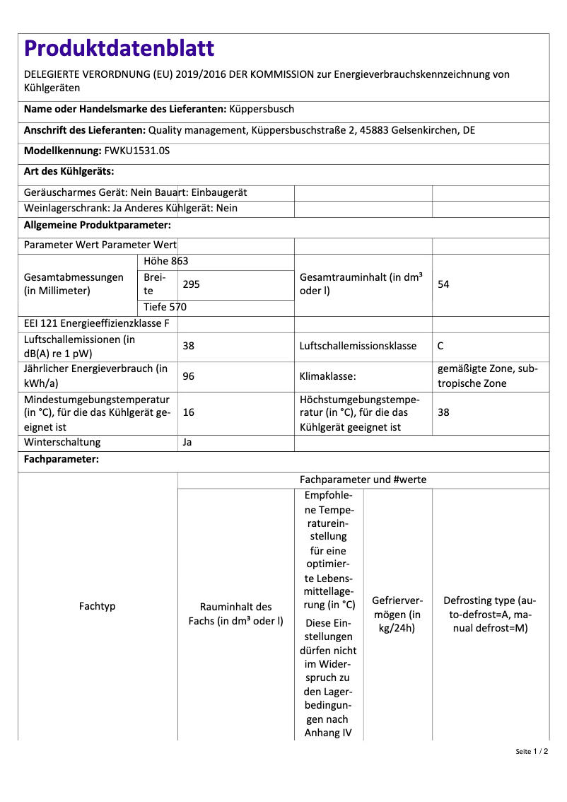 Page 1 de la notice Label énergétique Küppersbusch FWKU1531.0S