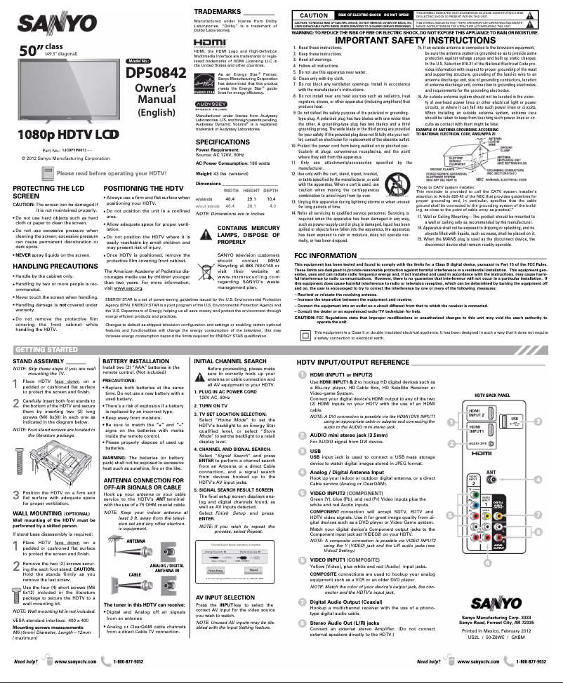 Page 1 of the manual User Manual Sanyo DP50842