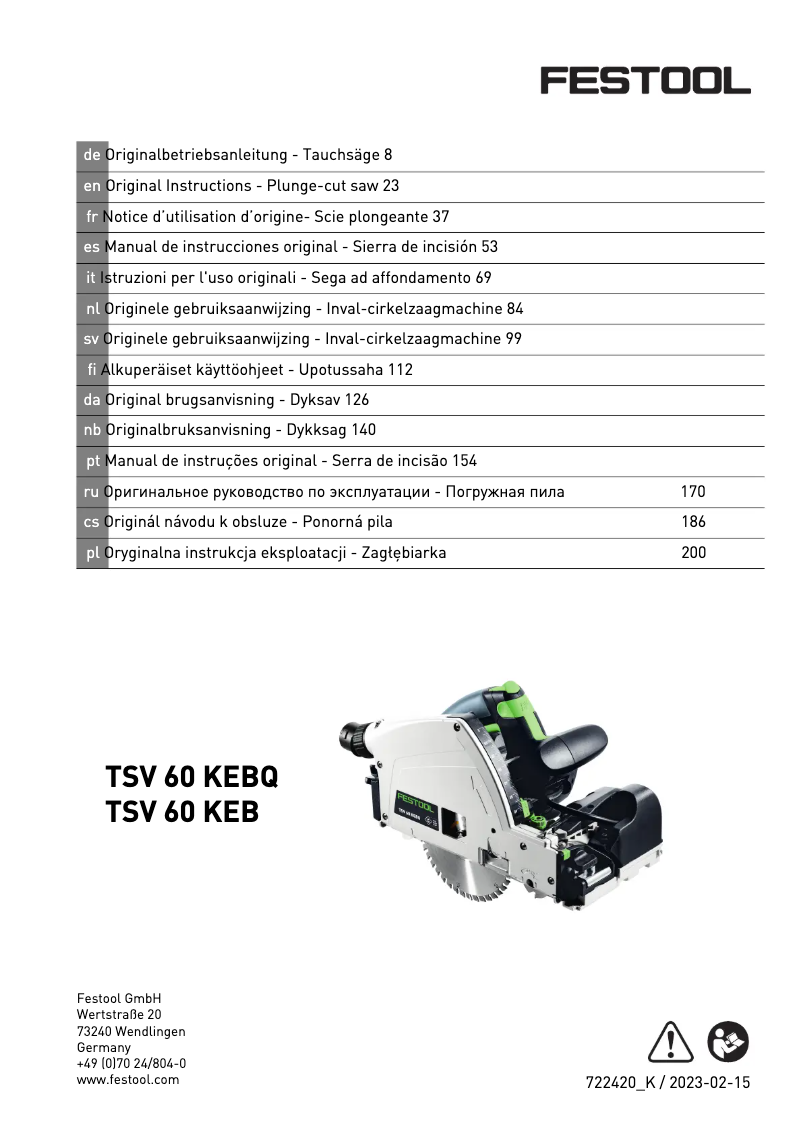 Page 1 de la notice Manuel utilisateur Festool TSV 60 K