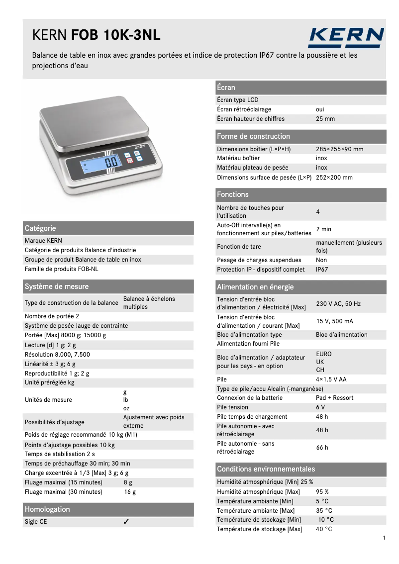 Page 1 de la notice Fiche technique Kern FOB 10K-3NL