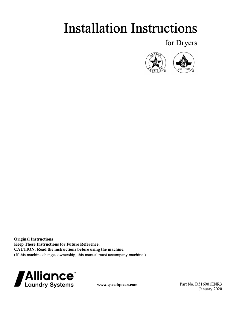 Página 1 del manual Guía de instalación Speed Queen ADE3SRGS177TW01