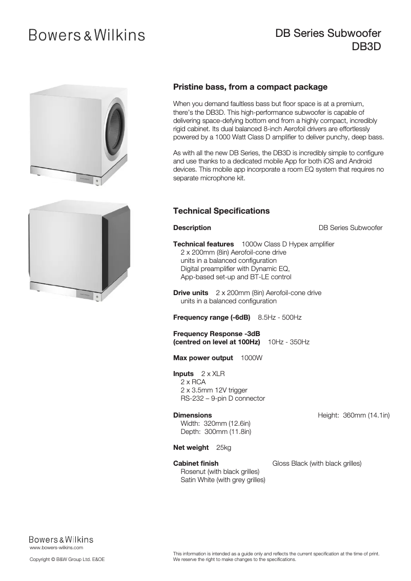 Page 1 de la notice Fiche technique Bowers & Wilkins DB3D