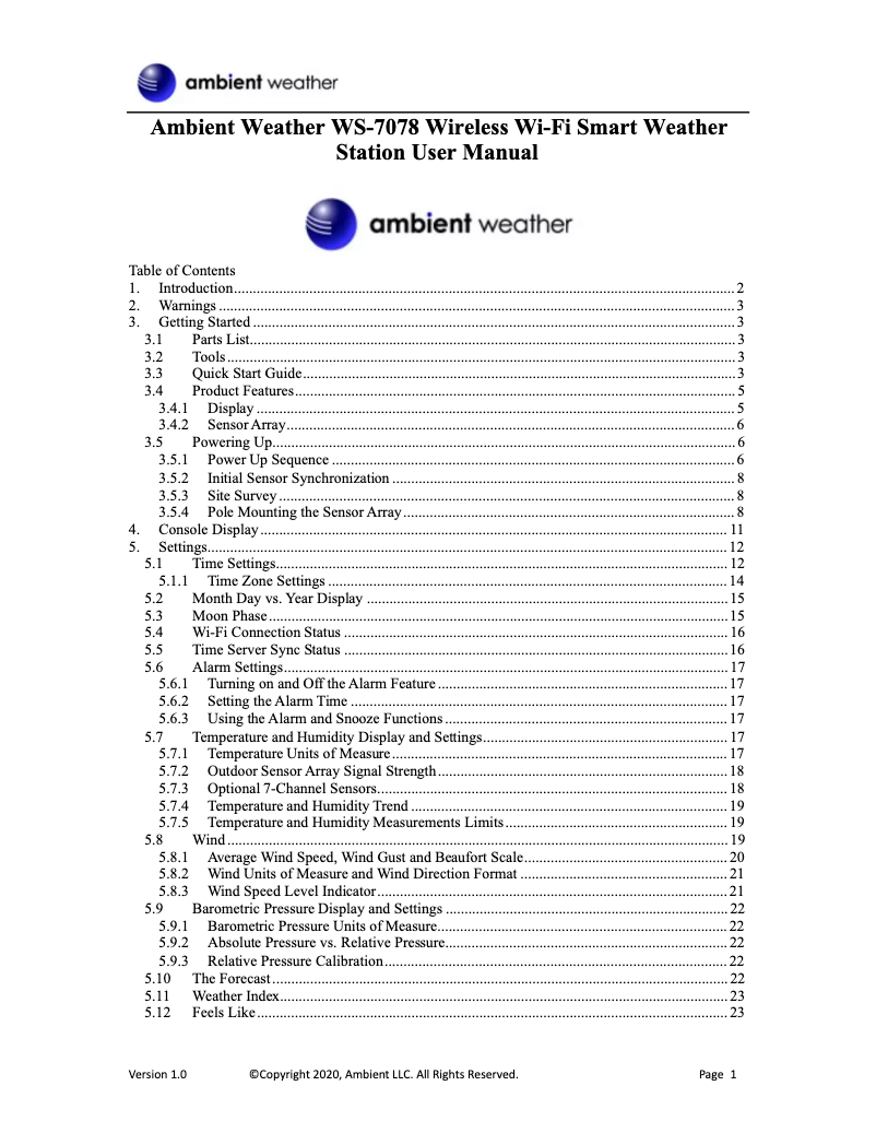 Page 1 de la notice Manuel utilisateur Ambient Weather WS-7078