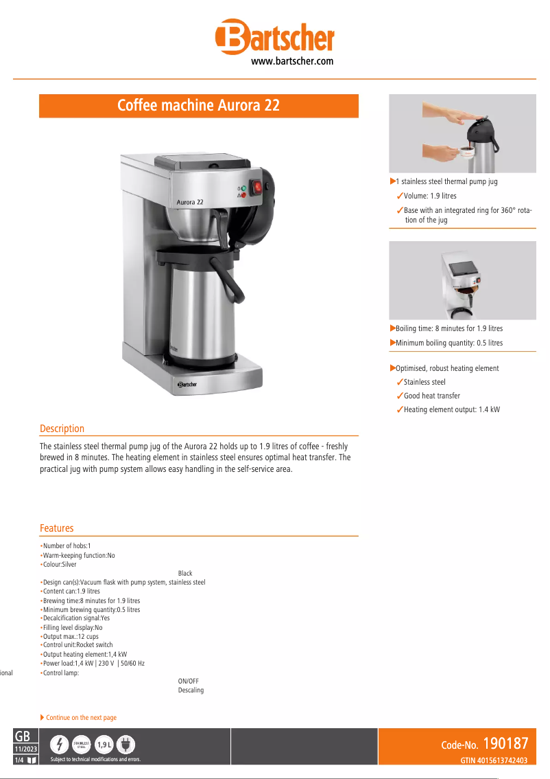 Página 1 del manual Ficha técnica Bartscher Aurora 22