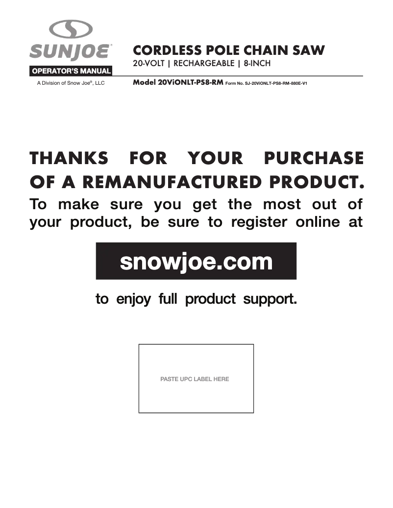 Page 1 de la notice Manuel utilisateur Sun Joe 20VIONLTE-PS8-RM