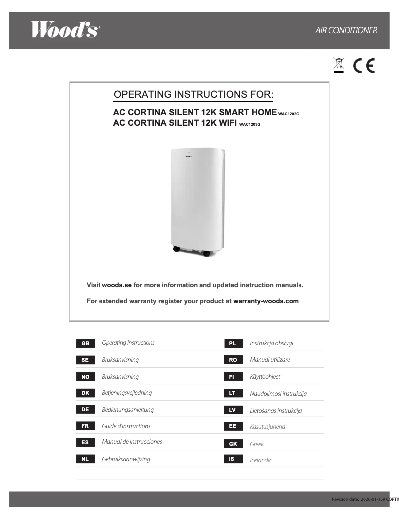 Page 1 de la notice Manuel utilisateur Wood's AC Cortina Silent 12K Smart Home WAC1202G