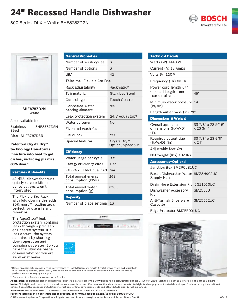 Page 1 of the manual Technical Sheet Bosch SHE878ZD2N