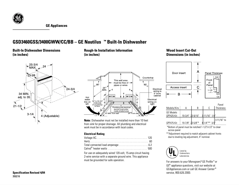Página 1 del manual Ficha técnica GE GSD3460GSS
