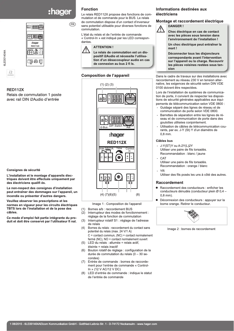 Page 1 de la notice Instructions / montage Hager RED112X