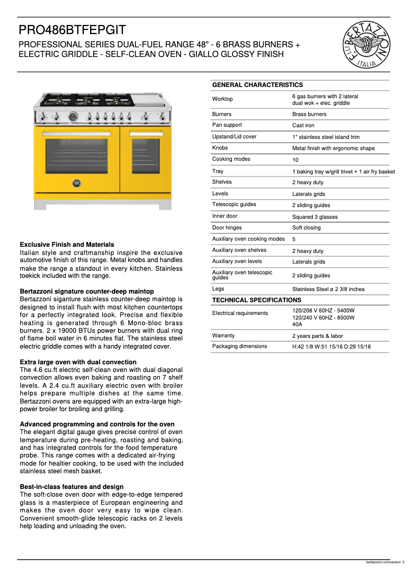 Page 1 de la notice Fiche technique Bertazzoni PRO486BTFEPGIT