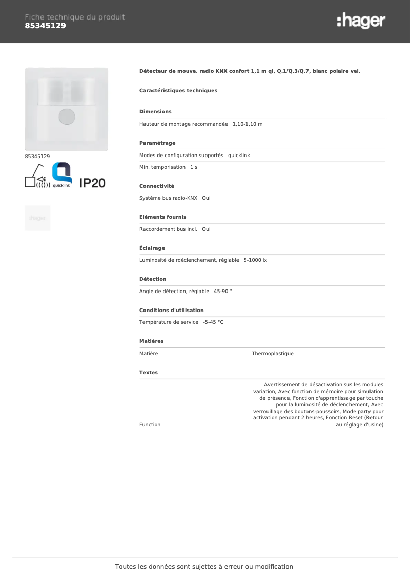 Page 1 de la notice Fiche technique Hager 85345129