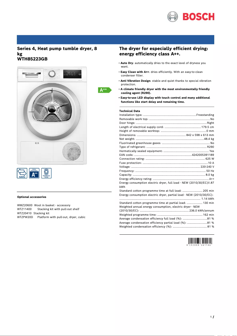 Page 1 de la notice Fiche technique Bosch WTH84001GB