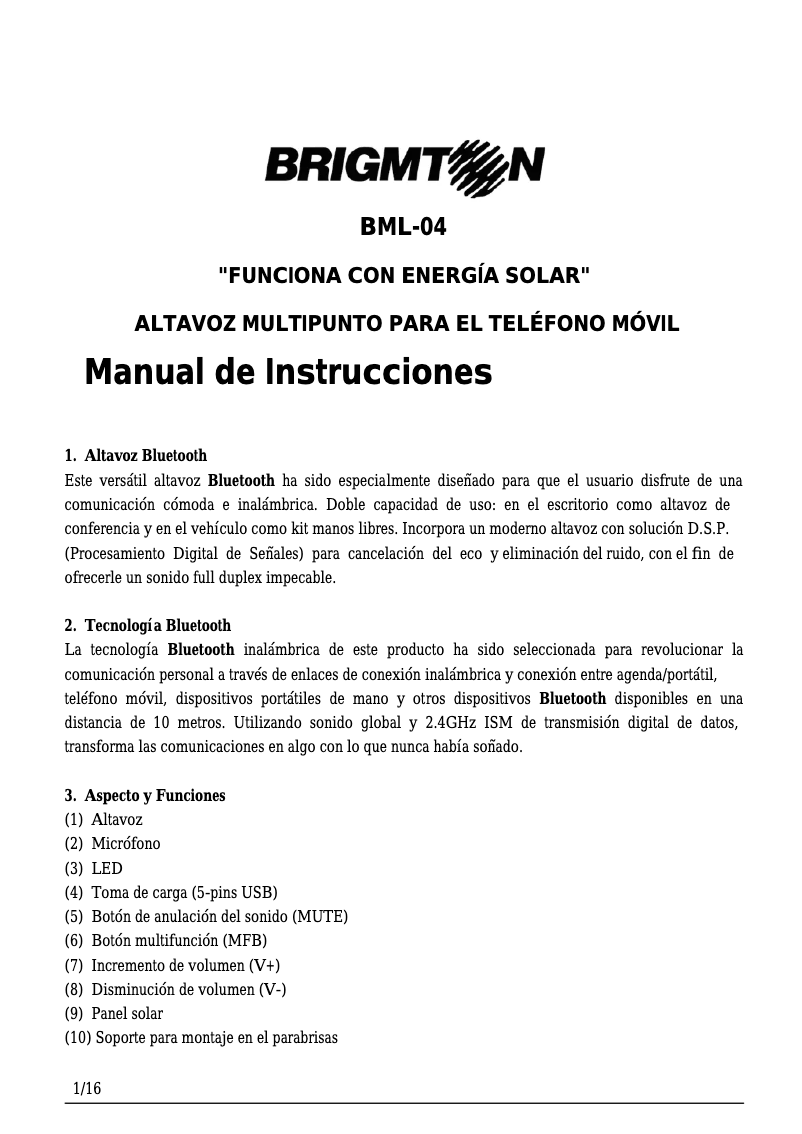 Page 1 of the manual User Manual Brigmton BML-04