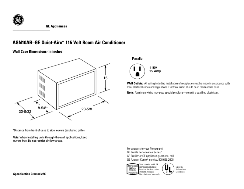 Página 1 del manual Ficha técnica GE Quiet-Aire AGN10AB
